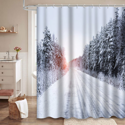 Winter Snow Road Forest White Christmas Shower Curtain with 12 Hooks