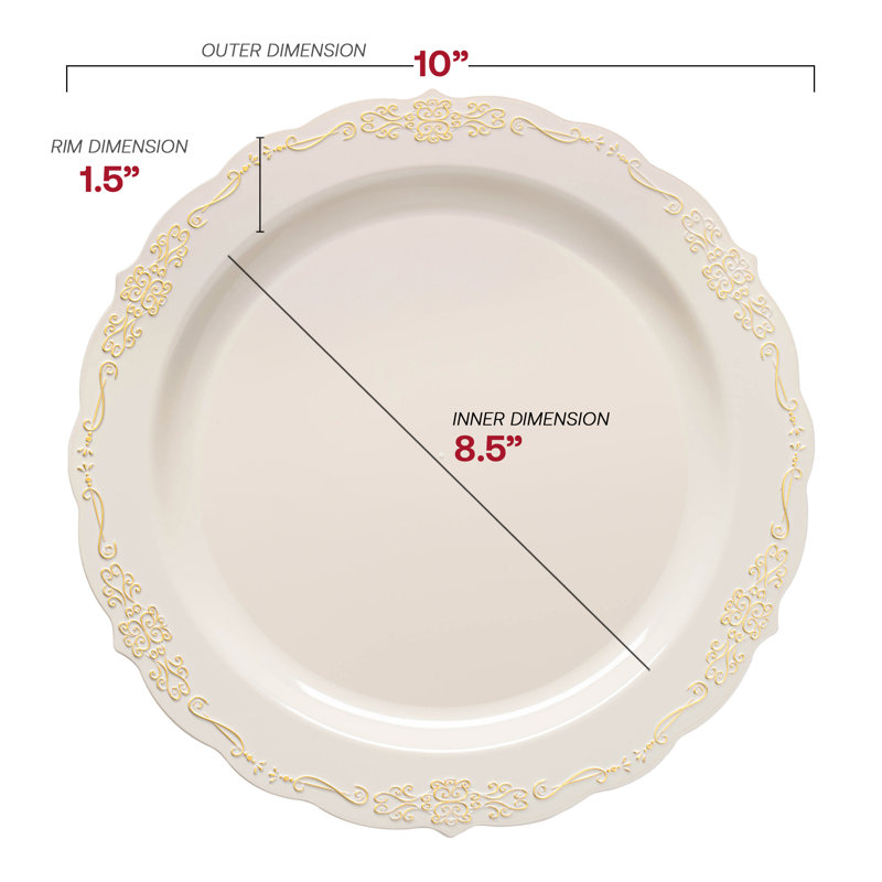 Assiettes en plastique jetables ivoire avec bordure dorée rétro (10 po)