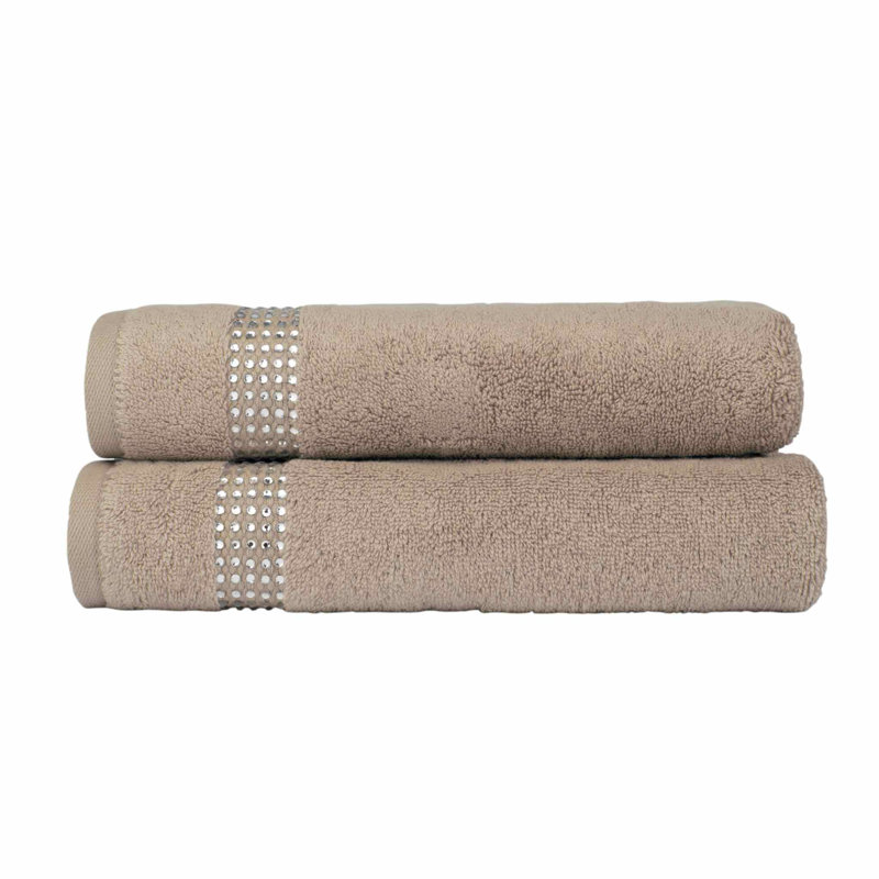 Sparkles Home Stripe Rhinestone Hand Towel Set of 2 | 100% Turkish Cotton Terry | Machine Washable, Taupe