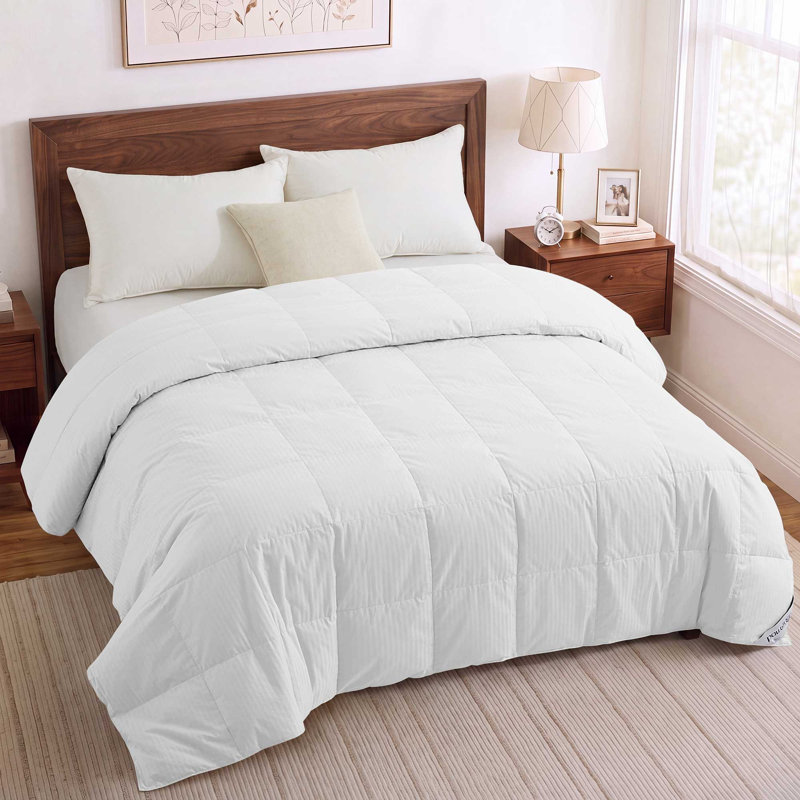 Couverture légère en duvet de canard blanc avec housse en coton rayé, Double/Grand, Blanc