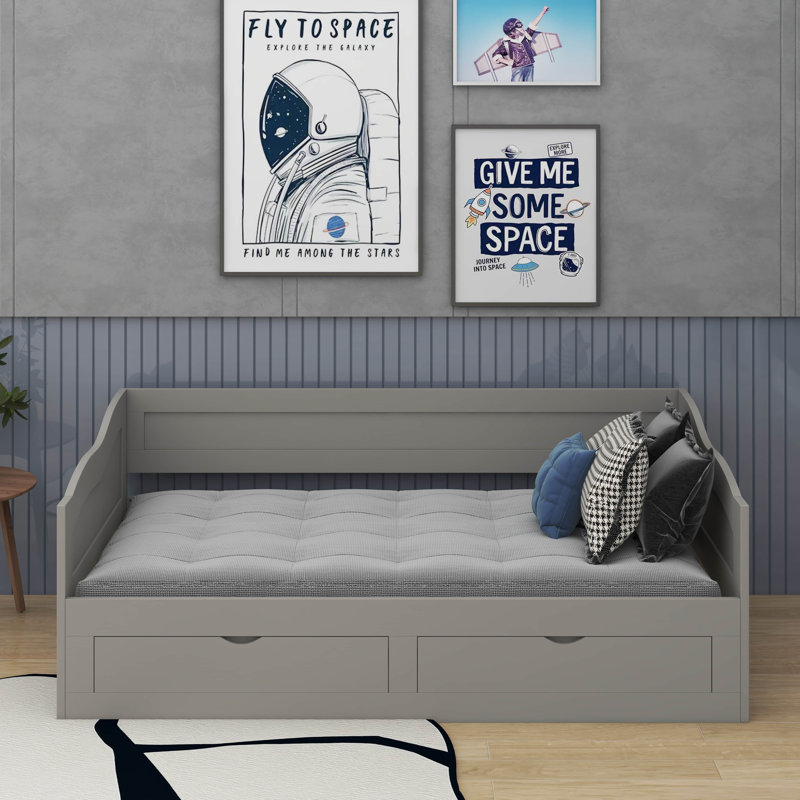 Lit de jour simple en bois avec couchette et tiroirs de rangement, Gris