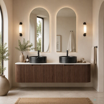 Meuble-lavabo de salle de bain 60 po avec lavabos, armoire de rangement flottante à rayures avec bords incurvés et 2 tiroirs, 2 lavabos ronds en céramique et comptoir en pierre frittée, préassemblé
