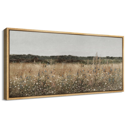 Rustic Wildflower Meadow Landscape Neutral Farm Field Nature Wall Decor for Living Room Bedroom Office Extra Large Pictures Framed Canvas Print Wall Art
