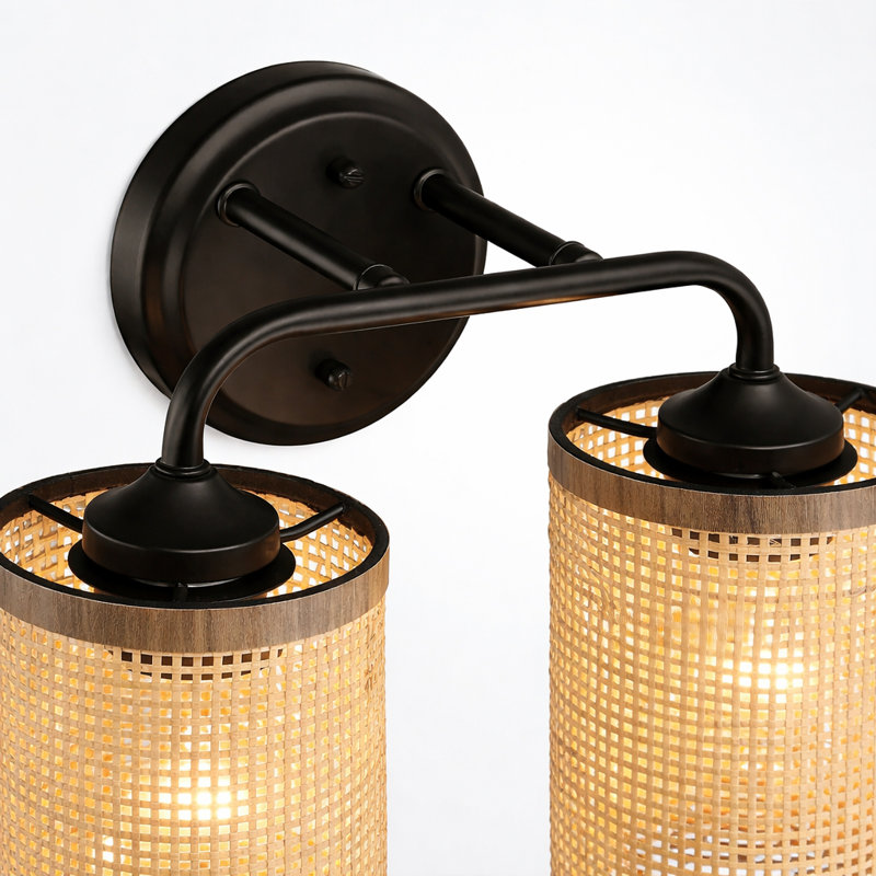 Meuble-lavabo double avec abat-jour en rotin naturel
