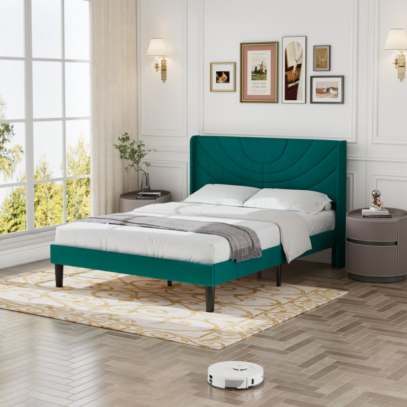 Full Size Velvet Bed Frame with Wingback Headboard, Upholstered Platform Bed with Wing Side Channel Tufted Headboard, Solid Wooden Slats Support, No Box Spring Needed, Noise Free, Dark Green