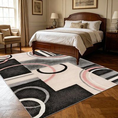 1 tapis géométrique abstrait rayé à motif de cercles roses, noirs et gris crème pour le salon, doux, toutes saisons, facile à entretenir, lavable, idéal pour la salle à manger, la chambre à coucher, le bureau à domicile ...