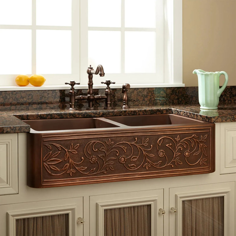 36" Vine Design Double-Bowl Copper Farmhouse Sink