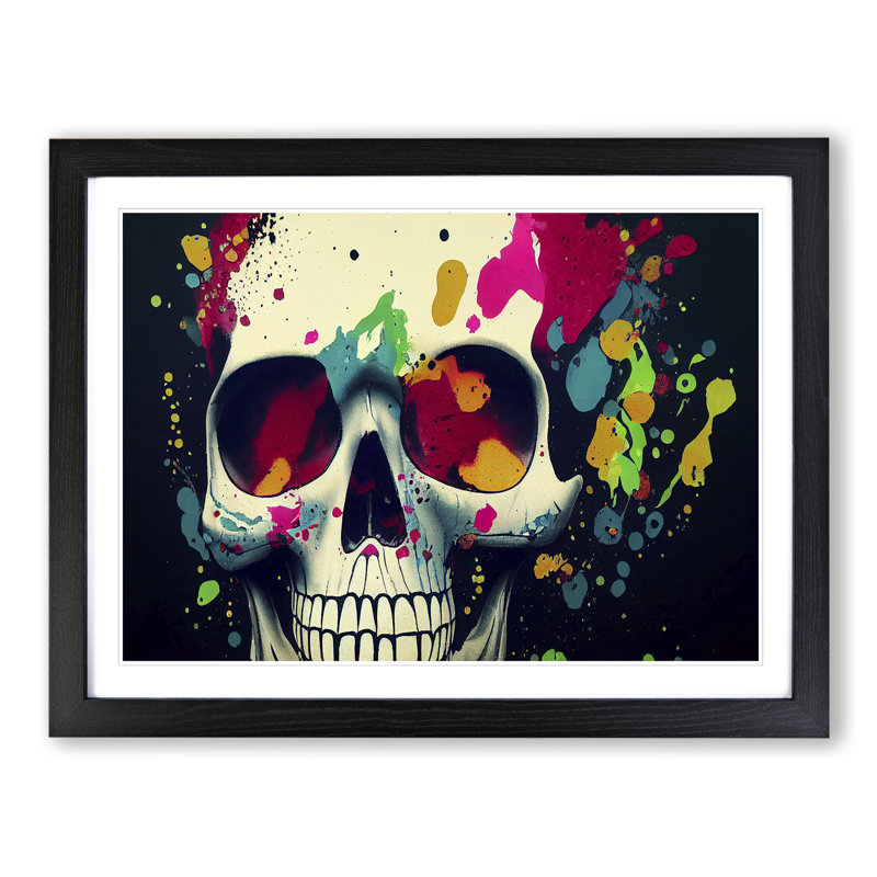 XH1022-7856X Skull Paint Splatter Vol.5 Abstract 1 Piece Single Picture Frame Wall Art, 34cm H x 46cm W x 2cm D, Black Framed