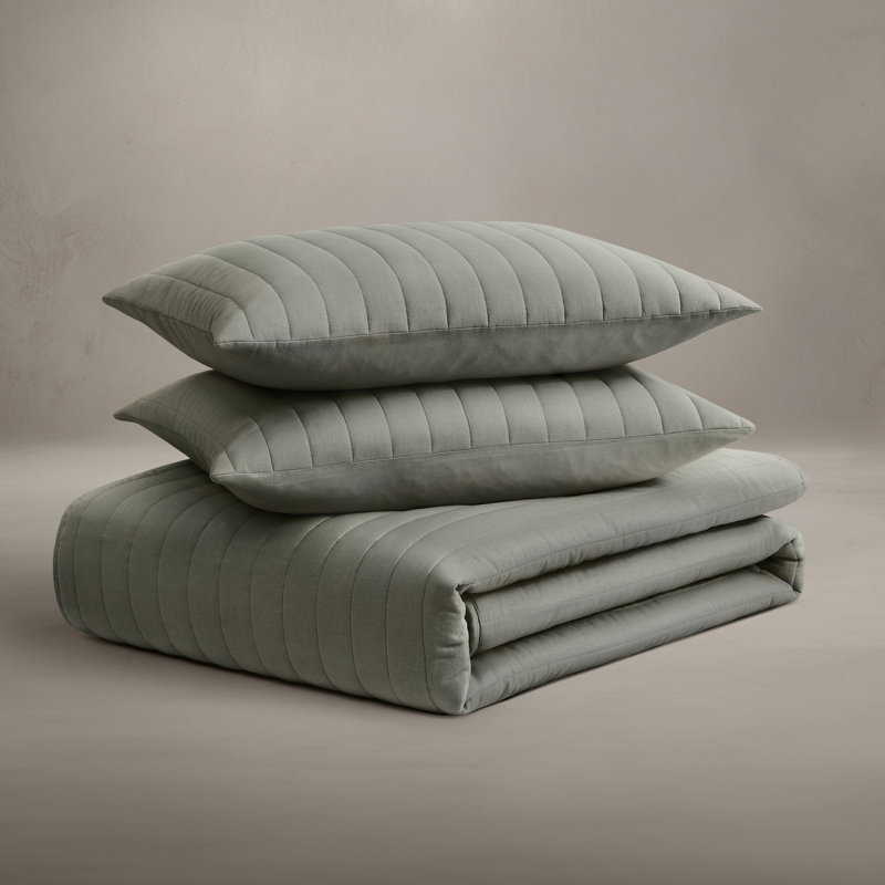 Standard Cotton-European Linen Quilt Set, Queen Quilt + 2 Standard Shams, Sage