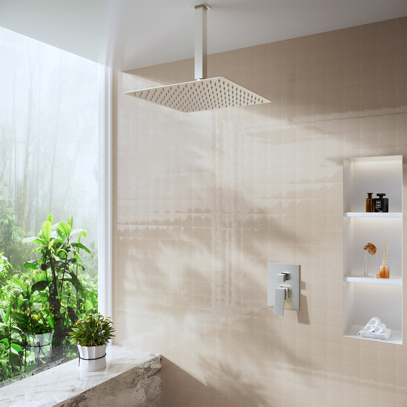 Bras de douche carré en acier inoxydable 7,88 po avec bride pour douche à pluie, Nickel brossé