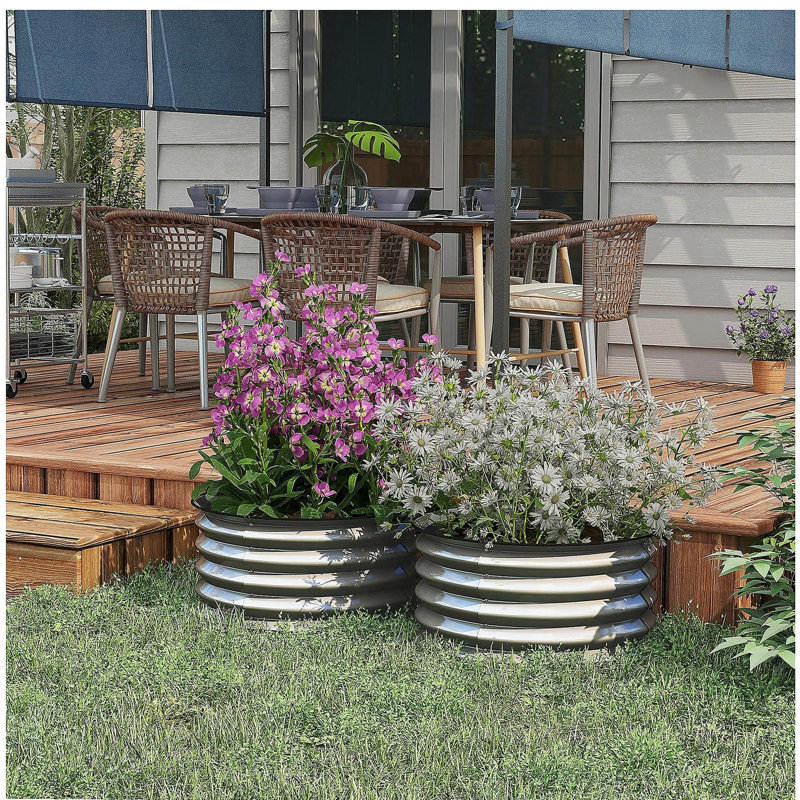 Outsunny Galvanized Raised Garden Bed Set of 2, Planters for Outdoor Plants with Safety Edging, Easy-to-assemble Stock Tanks for Growing Flowers, Herbs and Vegetables, Silver