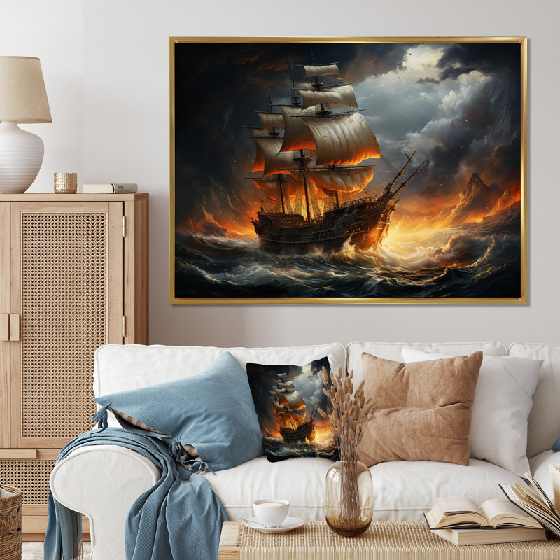 «Stormy Seas», art mural pirate, H 16 po x l 32 po x P 1 po, Cadre flottant doré