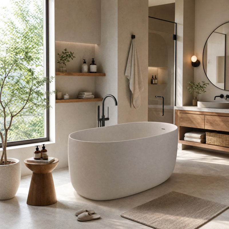 La baignoire indépendante en résine de 47 po à surface solide en pierre, une baignoire indépendante de conception moderne avec des tuyaux d'évacuation et de trop-plein, convient aux petites maisons