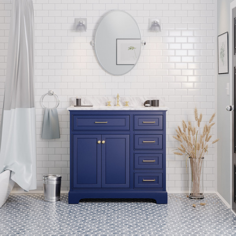 Ensemble de meuble-lavabo simple 36 po Ronnie, Marbre de Carrare, Bleu royal