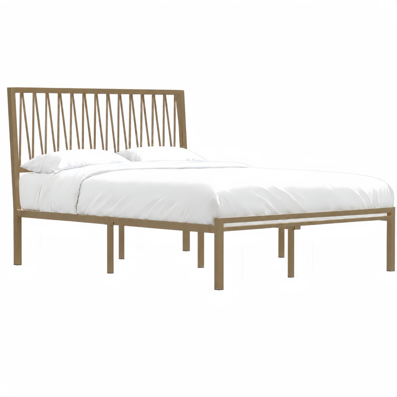 Cadre de lit plateforme en métal Queen Size avec tête de lit géométrique moderne, sommier robuste à lattes, montage facile, aucun sommier tapissier requis, bandes antibruit sur les lattes, bronze