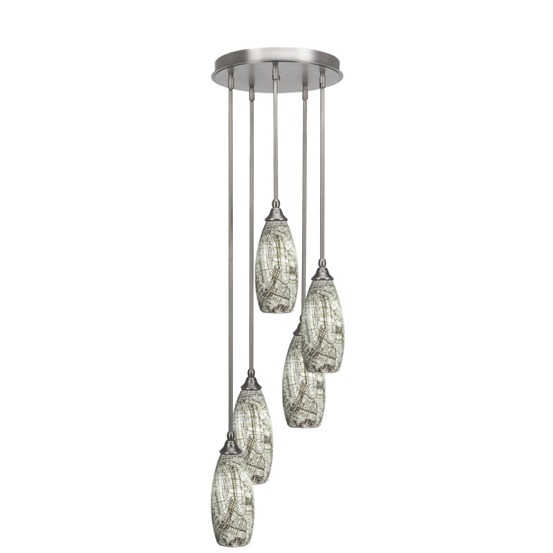 5 Light Cluster Pendalier, Brushed Nickel Finish, 5.5" Black Fusion Glass, Silver, Brushed Nickel