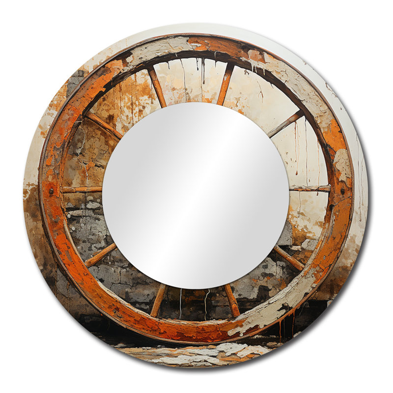 Orange Old Cart Wheels III - Transportation Large Round Mirror, 29" x 29"