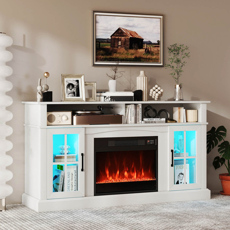 58" Fireplace TV Stand with LED Lights Entertainment Center for 65 Inch TV White, White