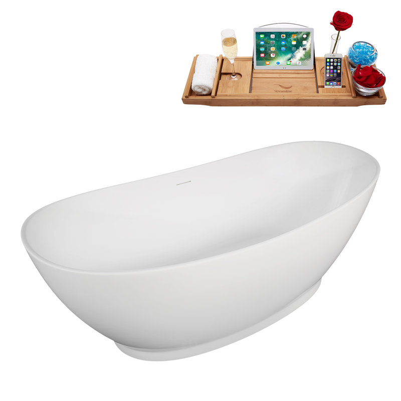 67" Streamline Soaking Freestanding Tub and Tray With Internal Drain, Brushed Brass