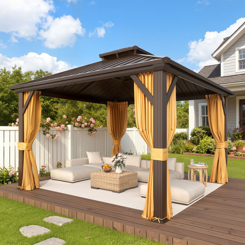 12' X 12' Gazebo Hardtop With Aluminum Frame, Galvanized Steel Double Roof Gazebos With Curtain & Netting