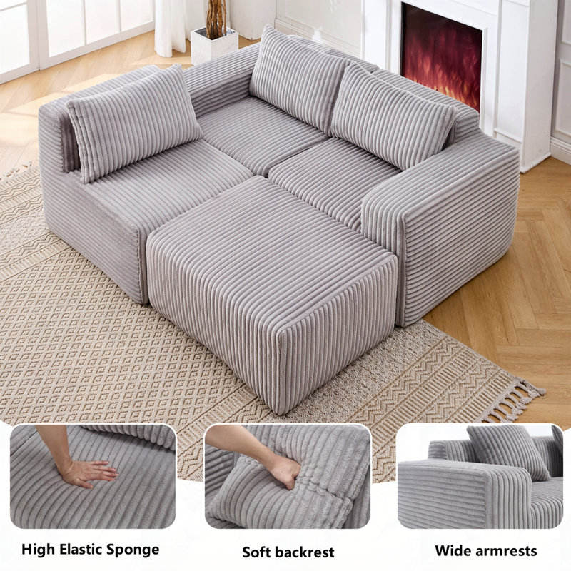Canapé en L rembourré avec sièges en L, Polyester gris clair
