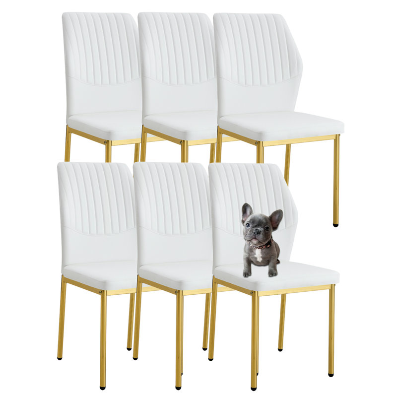Ensemble de 6 chaises de salle à manger rembourrées en polyuréthane à dossier vertical, Blanc, Doré