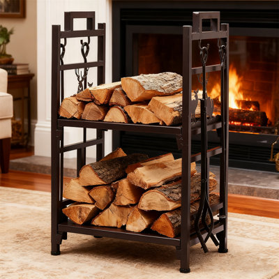 2-tier Firewood Rack With Tool Hooks - Black Indoor/outdoor Log Storage Holder For Fireplace & Fire Pit,Includes Pliers, Matchsticks, Brooms, and Shovels