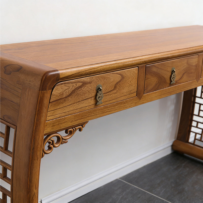 Solid Elm Wood Console Table with Drawers, Brown, 33.07" H x 64.17" W x 14.17" D