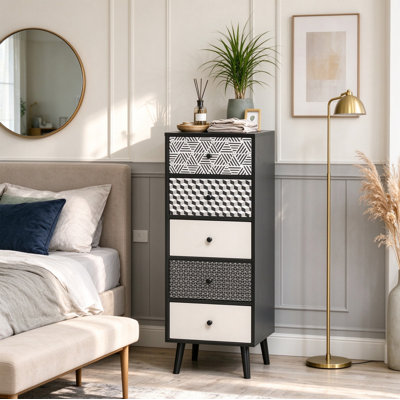 Anti-Tip Vertical Dresser Unit, Engineered Wood 5 Drawer Chest with Unique Geometric Print for Living Spaces
