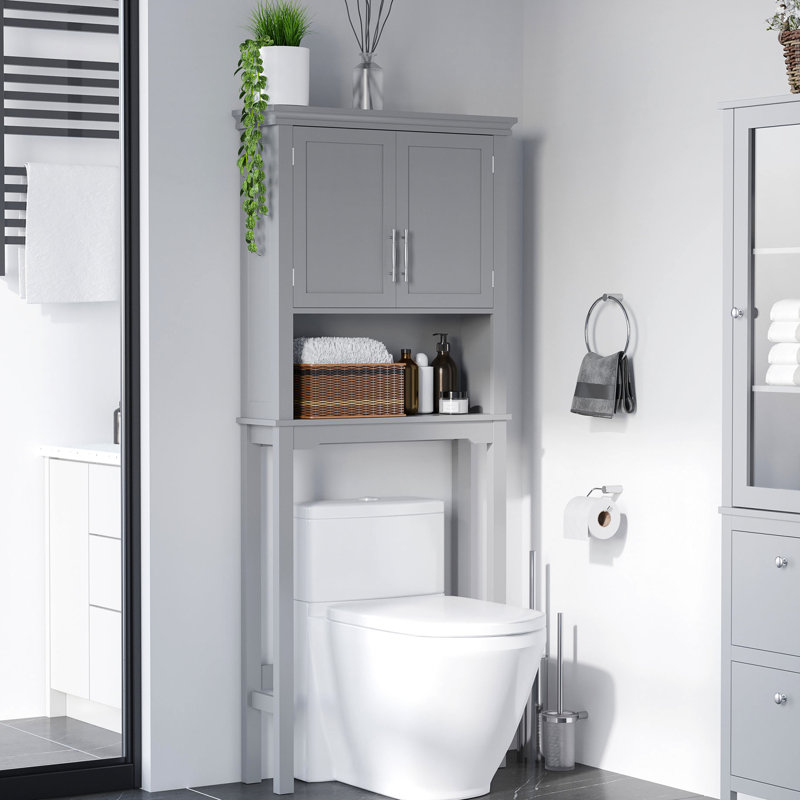 Unité de rangement moderne au-dessus de la toilette en gris, avec portes doubles, tablette réglable et armoire de rangement ouverte, option