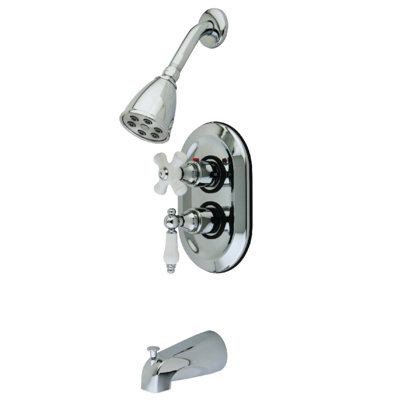 Kingston Brass Restoration Double-Handle 3-Hole Thermostatic Tub and Shower Faucet with Plunger Diverter