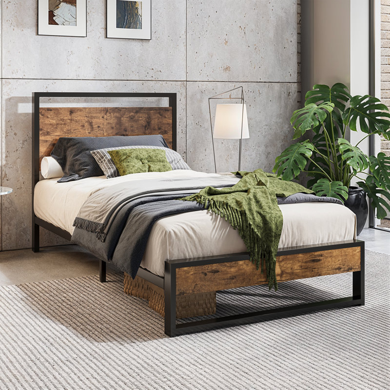Lit plateforme robuste avec tête de lit en bois, Lit simple, Brun