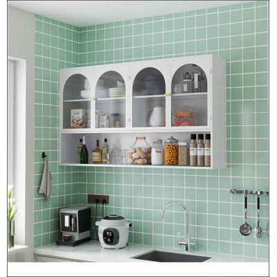 Élégante armoire murale en verre blanche à quatre portes, parfaite pour le rangement organisé et la décoration moderne, idéale pour n'importe quelle pièce.