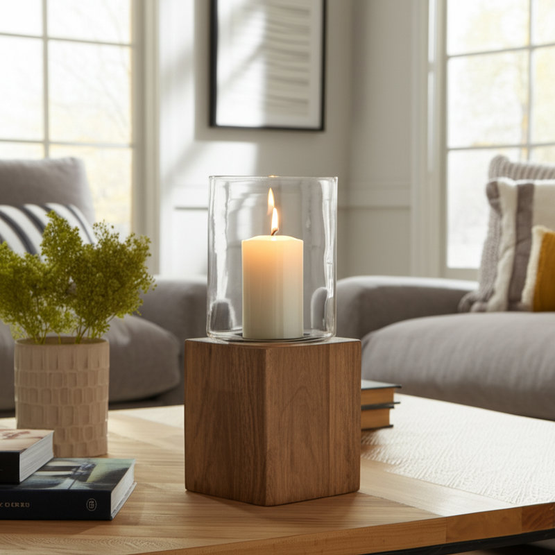 Natural Wood Solid Color Square Base Pillar Hurricane Candleholders, 15" H x 6" W x 6" D