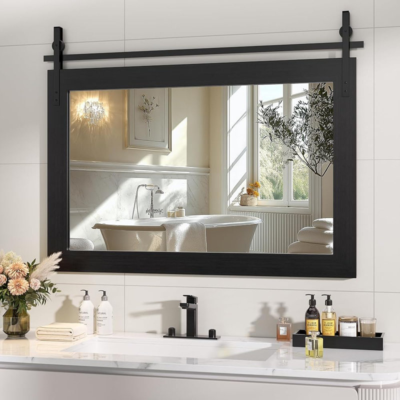 Miroir décoratif moderne en bois massif de style campagnard rustique, 55 po x 36 po, Noir