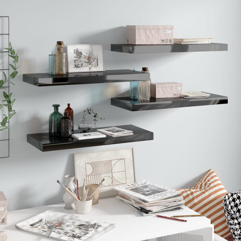 Wall Shelf  Wall Mounted Display Shelf for Photo Frame Set of 4, High Gloss Black, 1.5" H x 9.1" W x 9.3" D