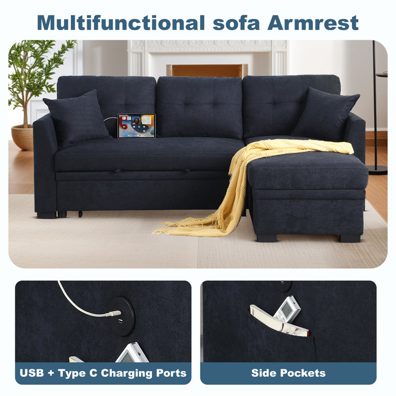 81.5" Wide Convertible Sectional Sofa Bed With Reversible Storage Chaise & Charging Port & Side Pocket