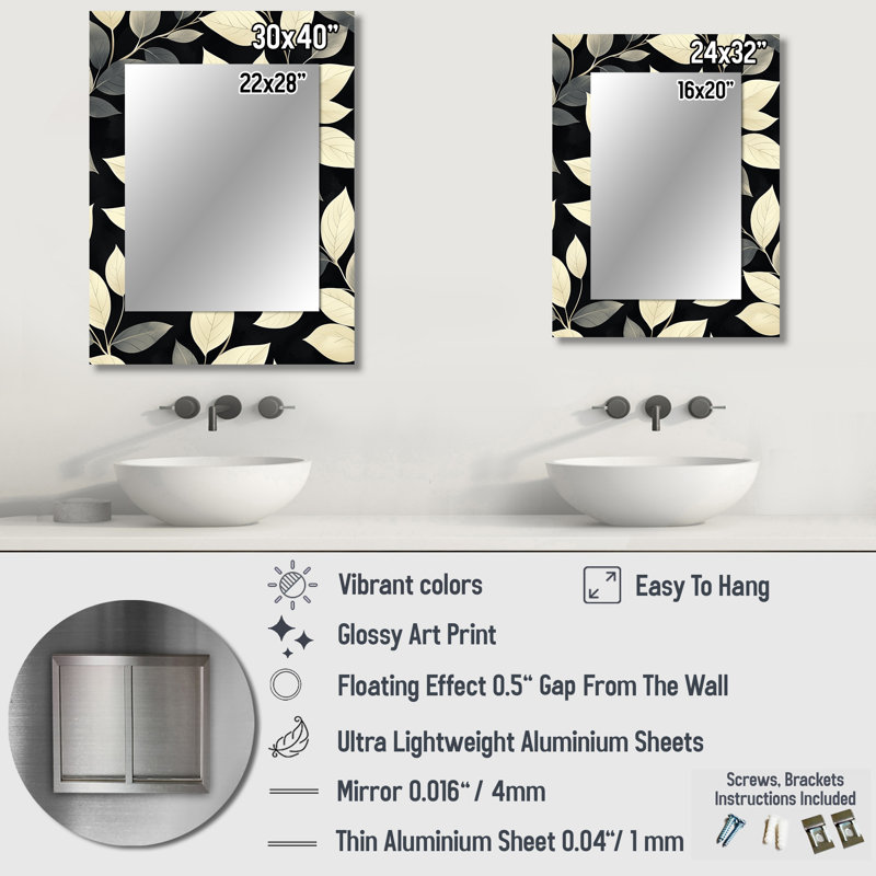 Black Beige Leaves Gentle Breeze II - Leaves Wall Mirror, Traditional Decorative Mirror, Printed Metal Art, 40" x 30"