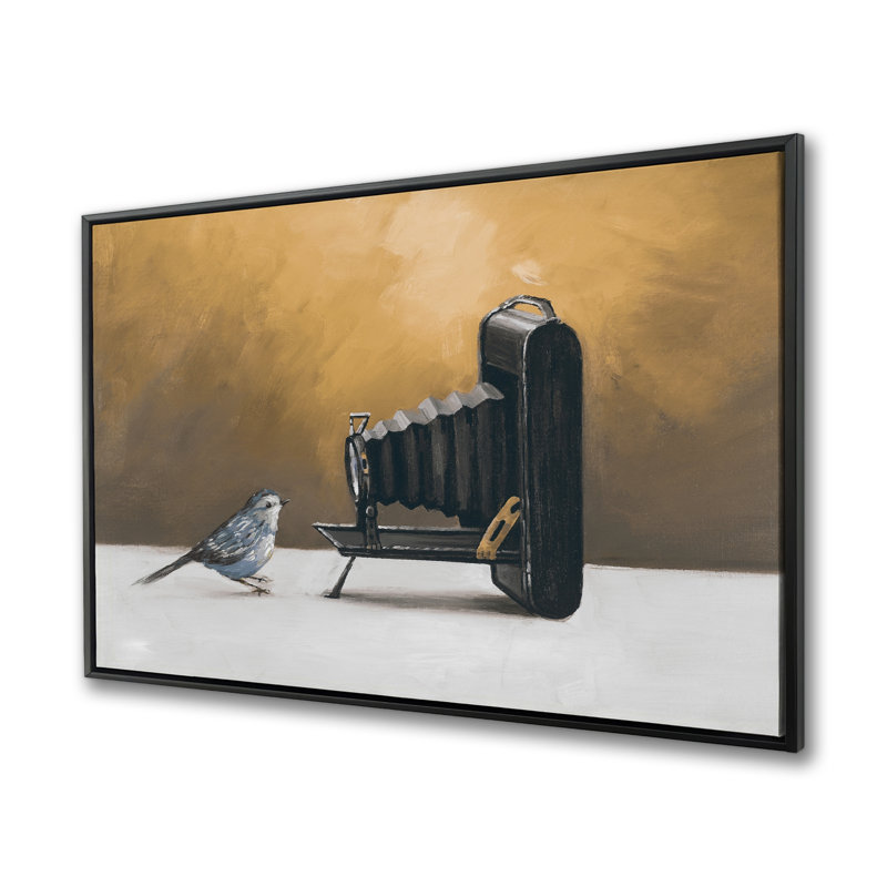Old camera with bird - Vintage framed canvas for home decor