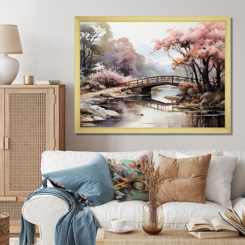 «Mahadevi Pink Bridge Misty Morning Passage», reproduction sur toile, Cadre doré à une seule photo