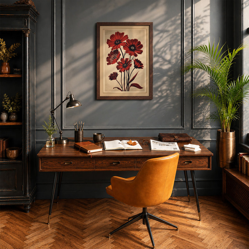 Deep Crimson Botanicals Botanical - Framed Print, A4 - 29.7 x 21.0 cm, Walnut