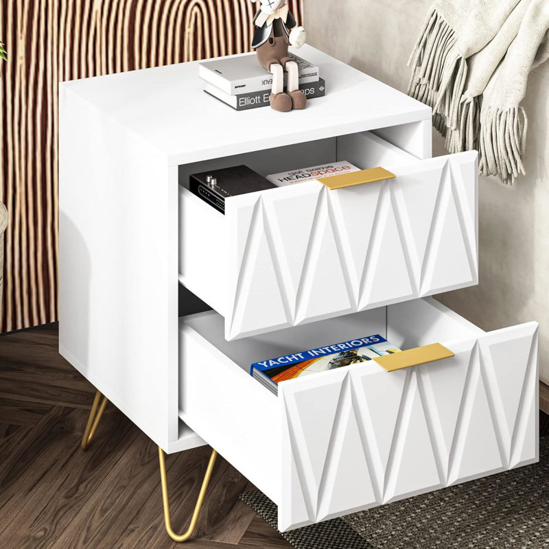 2 tables de chevet modernes blanches avec 2 tiroirs et pieds en métal doré pour le salon, Blanc