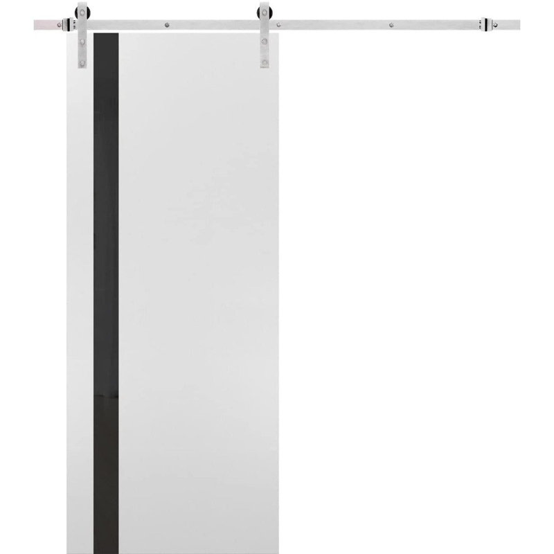 Porte de grange robuste | Planum 0040 noir mat avec verre blanc | Ensemble de quincaillerie lourde 6,6 pi | Portes intérieures à panneau plein - 32 po x 84 po - Rail argenté