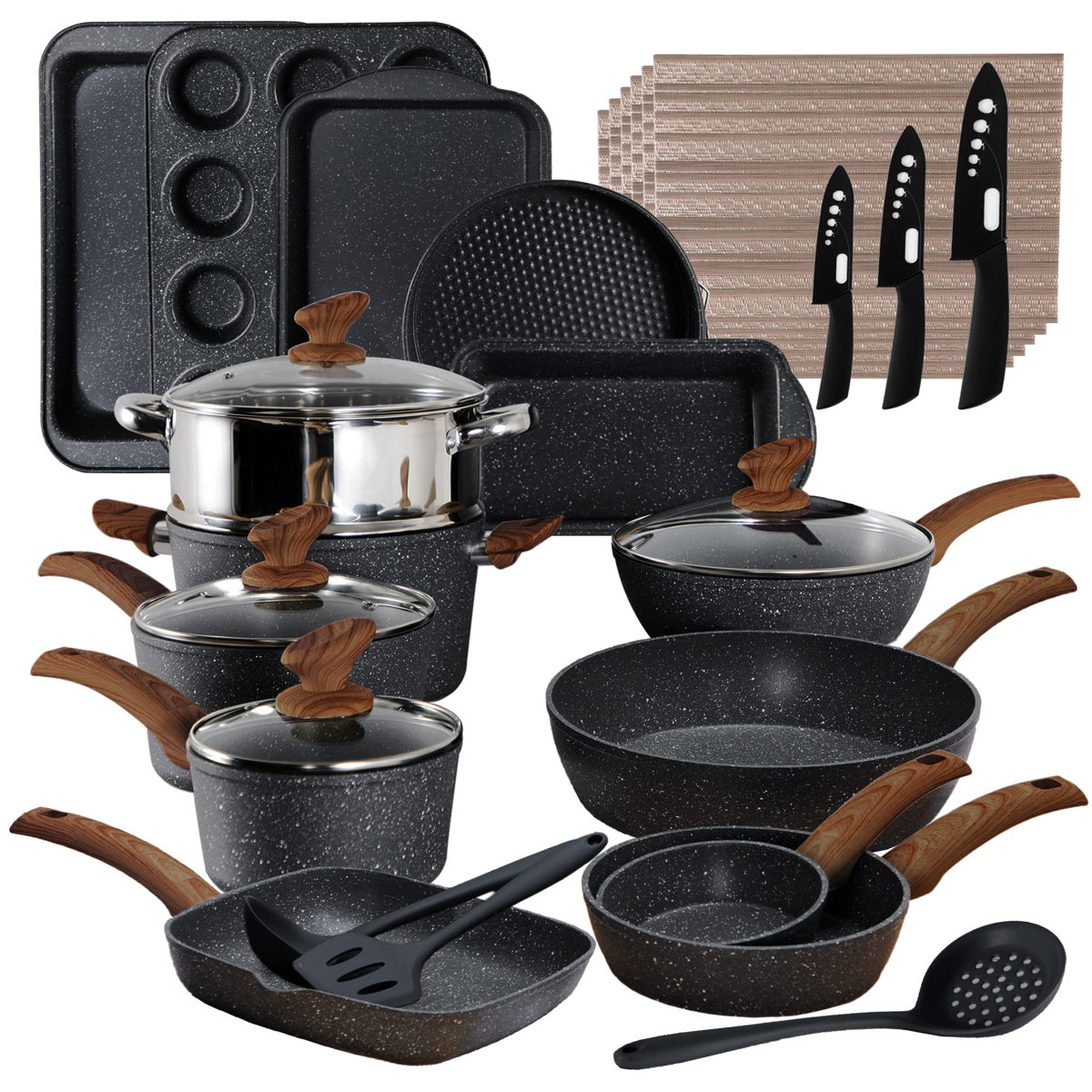 Donnovin 30 - Piece Non-Stick Aluminum Cookware Set