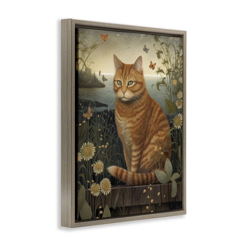 Orange Cat by Pond, 17" H x 21" W, Montalcino Elm Floater Frame
