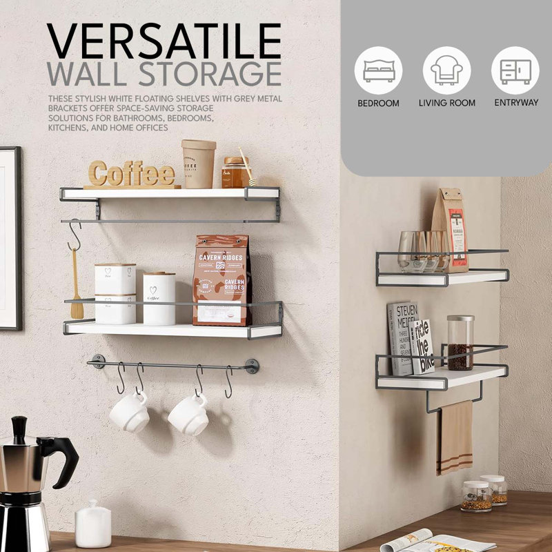 15.7 In. Wall Mounted Bathroom Floating Shelf With Towel Rack In White