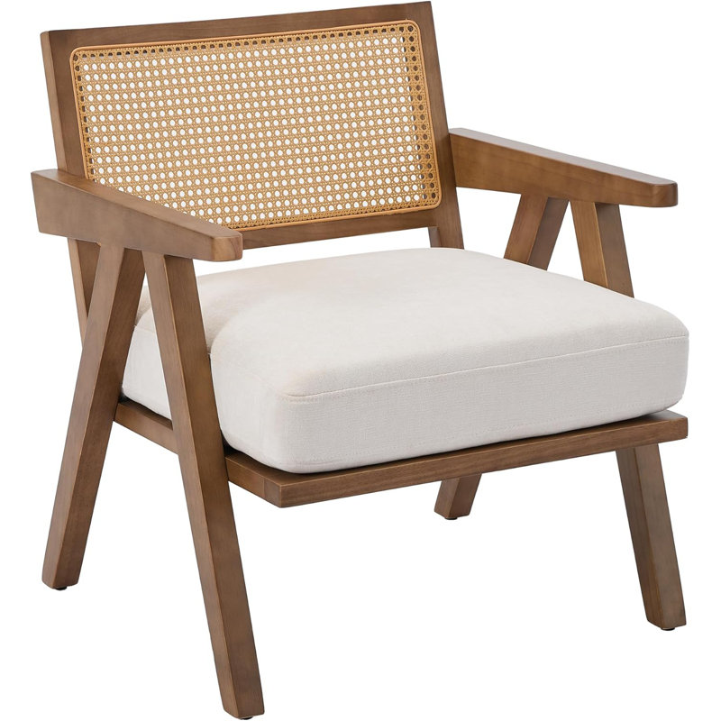 Mid-Century Farmhouse Accent Chair - Wood Armchair with Rattan Backrest & Cushion for Living Room, Bedroom - Easy Assembly