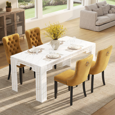 Ensemble de table de salle à manger rectangulaire en bois pour 4-6, table de ferme style Mid-Century et chaises avec fauteuil capitonné en velours pour la salle à manger, appartement