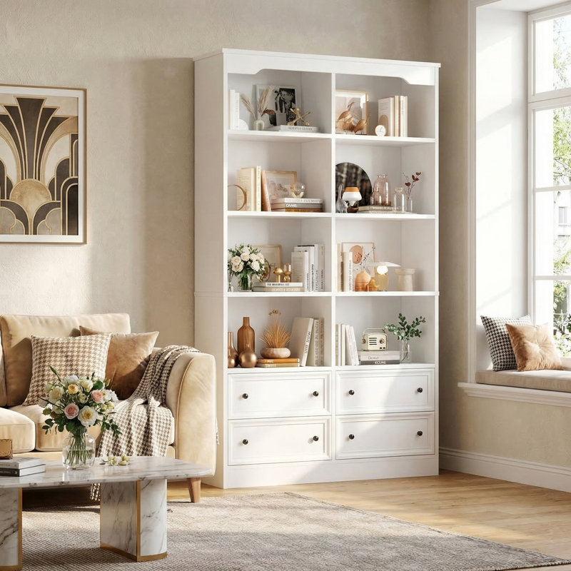 Bibliothèque standard à 6 niveaux avec 4 tiroirs Kirklyn, Blanc