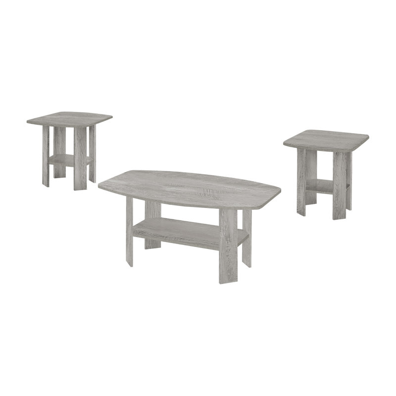 Ensemble de table de salon 3 pièces avec table basse et deux tables de bout, finition en panneau de particules gris avec tablettes de rangement inférieures
